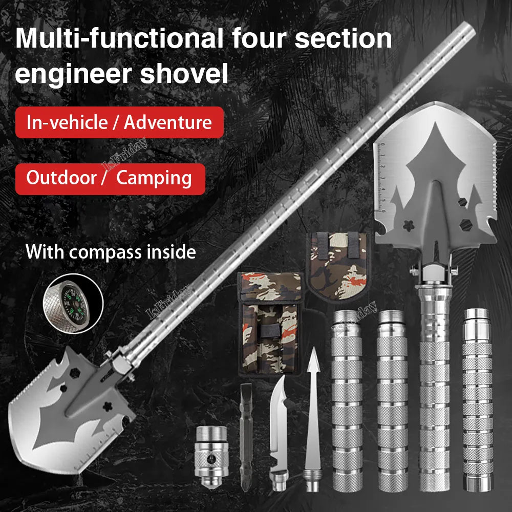 Multifunctional Outdoor Camping Camp Shovel 4-Section Fishing Folding Survival Shovel Military Tactical Shovel Gardening Tools