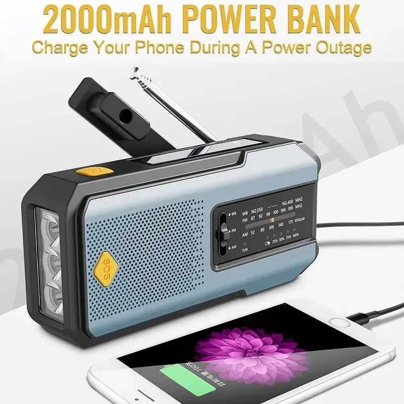 Multifunctional Radio Hand Crank Solar USB Charging FM AM WB 2000mAh Weather Radio Emergency LED Flashlight Torch Power Bank